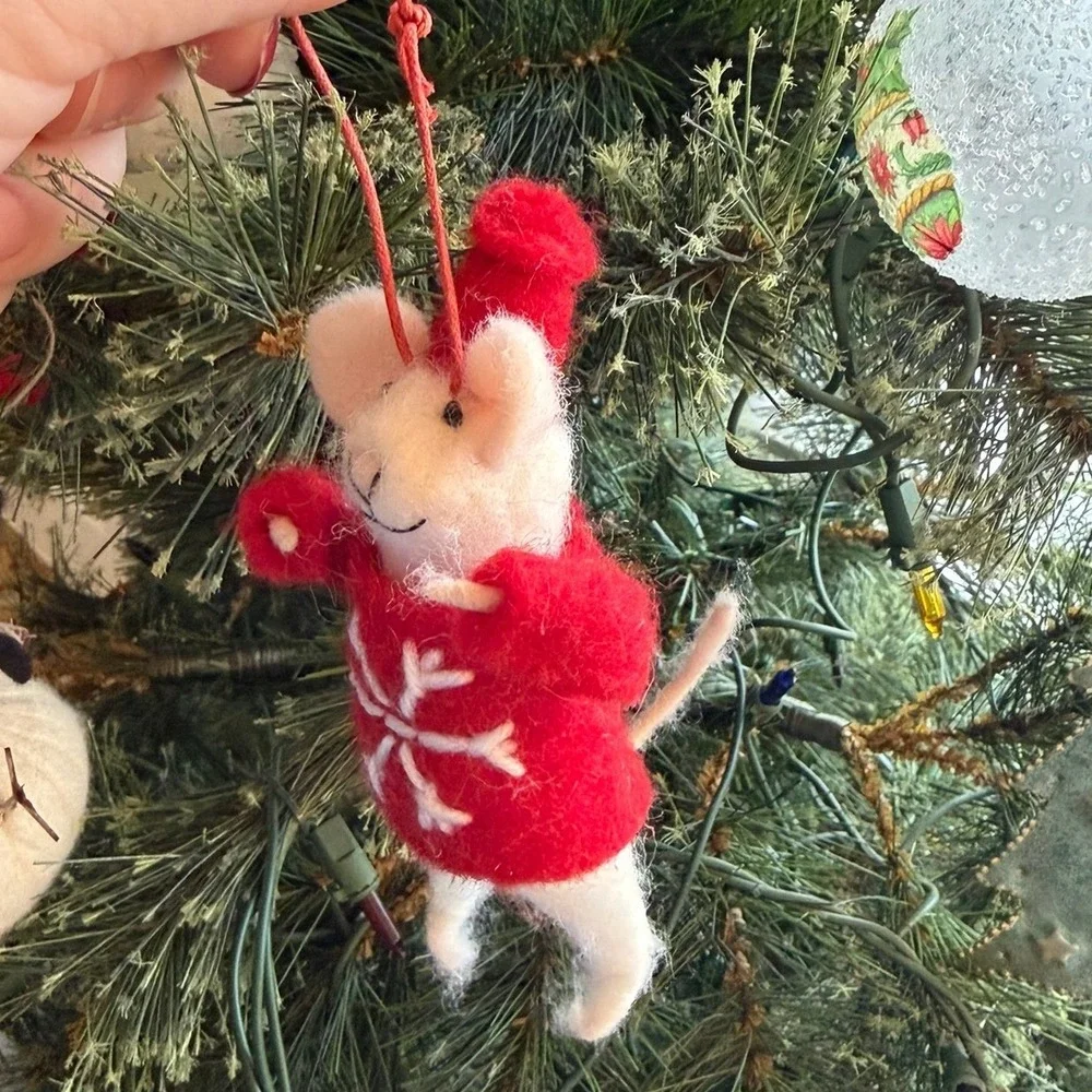 Handmade Needle Felted Christmas Mouse Ornament with Sweater and‎ Hat 100% Wool